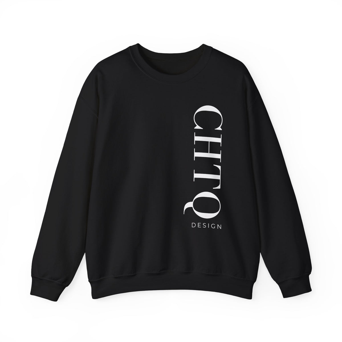 A black crewneck sweatshirt with a vertical white CHTQ DESIGN graphic on the front, displayed against a clean white background.