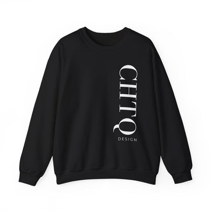 A black crewneck sweatshirt with a vertical white CHTQ DESIGN graphic on the front, displayed against a clean white background.
