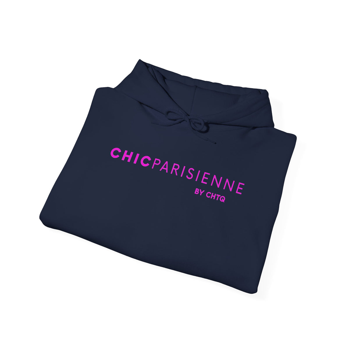Folded navy blue CHIC PARISIENNE BY CHTQ hoodie featuring a bright pink graphic print on the front.