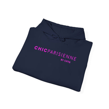 Folded navy blue CHIC PARISIENNE BY CHTQ hoodie featuring a bright pink graphic print on the front.