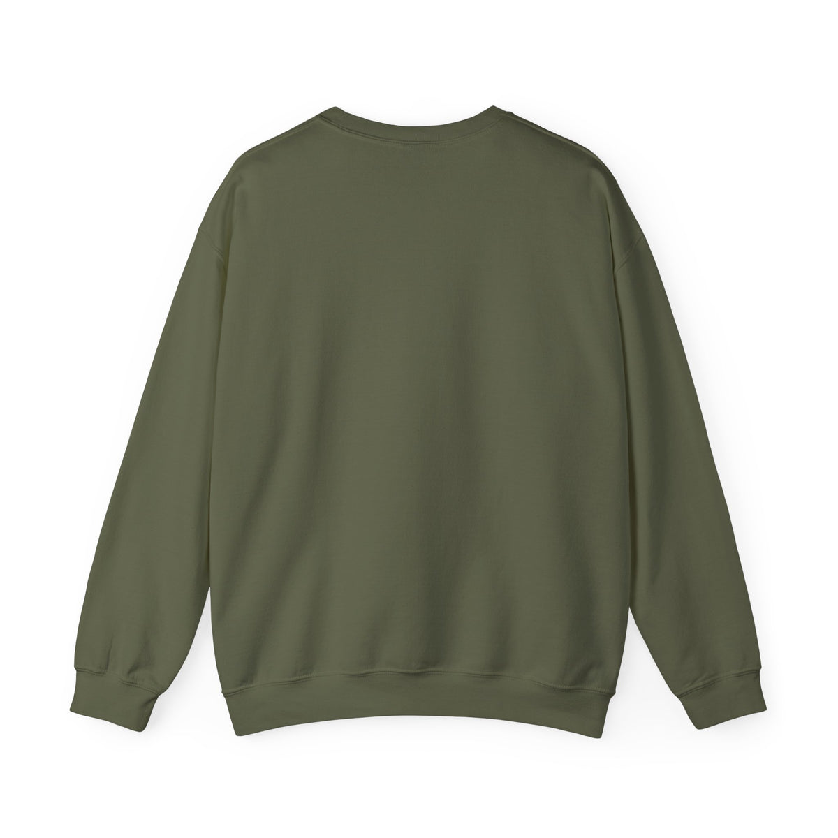 Back of green crewneck sweatshirt with the text 'JE SUIS CHAOTIQUE BEAU' printed in white across the chest