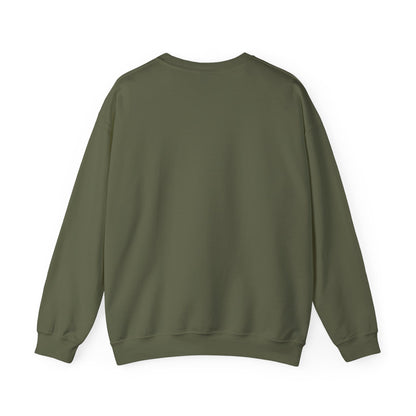 Back of green crewneck sweatshirt with the text 'JE SUIS CHAOTIQUE BEAU' printed in white across the chest