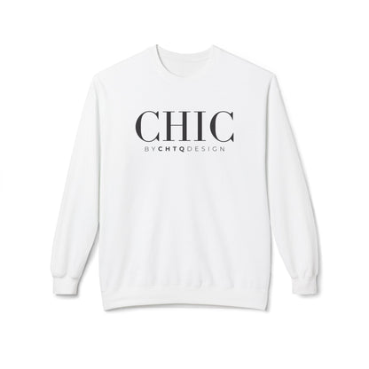White CHIC by CHTQ Design crewneck sweatshirt with black typography on the front.