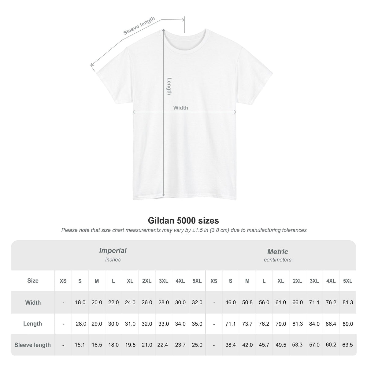 White short-sleeve T-shirt size chart diagram with measurement labels for sleeve length, length, and width, plus a size table below showing Gildan 5000 sizes in imperial and metric conversions.