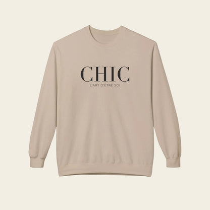 Beige sweatshirt with 'Chic L'art D'etre soi' text 