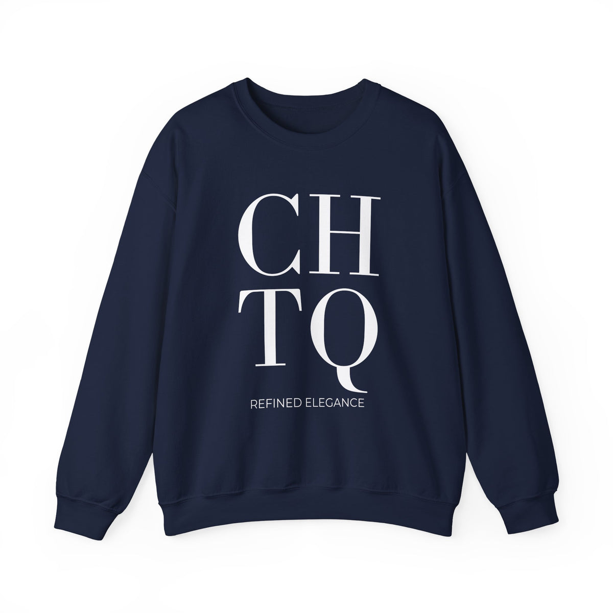 A navy blue crewneck sweatshirt with a white graphic print on the front reading 'CHTQ' in large serif letters and 'REFINED ELEGANCE' underneath, displayed on a clean white background.