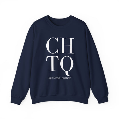 A navy blue crewneck sweatshirt with a white graphic print on the front reading 'CHTQ' in large serif letters and 'REFINED ELEGANCE' underneath, displayed on a clean white background.