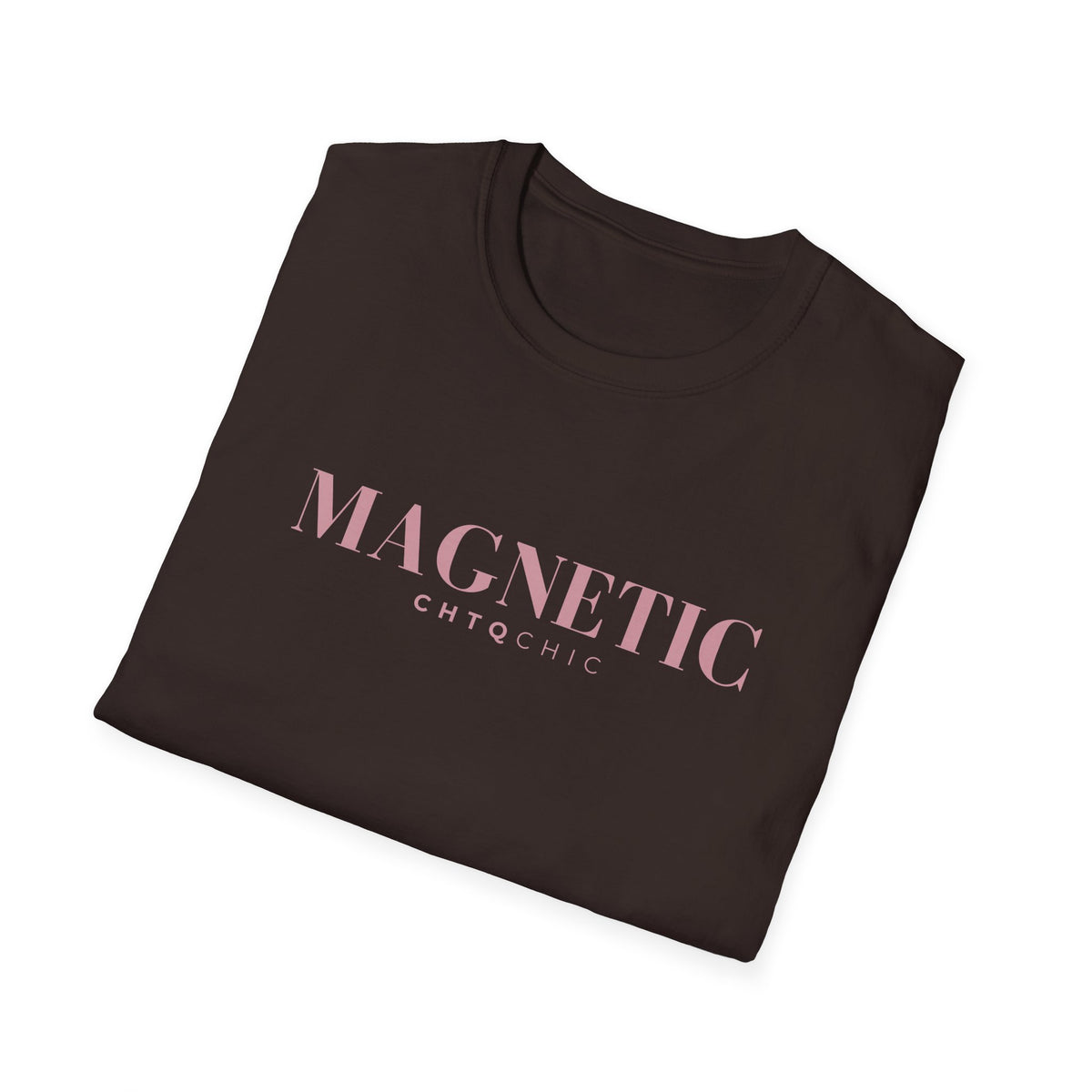 A brown folded short-sleeve graphic T-shirt featuring pink 'MAGNETIC' text with smaller 'CHTQ CHIC' lettering underneath, displayed against a clean white background.