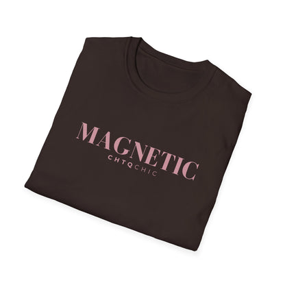 A brown folded short-sleeve graphic T-shirt featuring pink 'MAGNETIC' text with smaller 'CHTQ CHIC' lettering underneath, displayed against a clean white background.