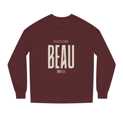 Maroon D’Accord BEAU men's crewneck sweatshirt with dark navy typography and CHTQ Design logo on the front.