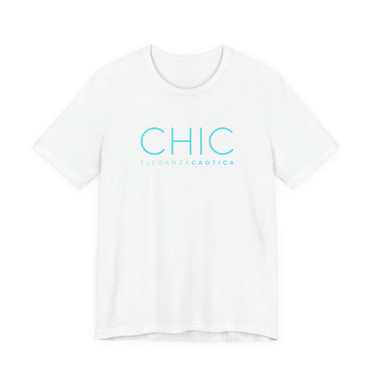 A white short-sleeve crewneck T-shirt with 'CHIC' printed in light blue sans-serif typography and 'ELEGANZA CAOTICA' in smaller text underneath, shown against a light gray gradient studio background.
