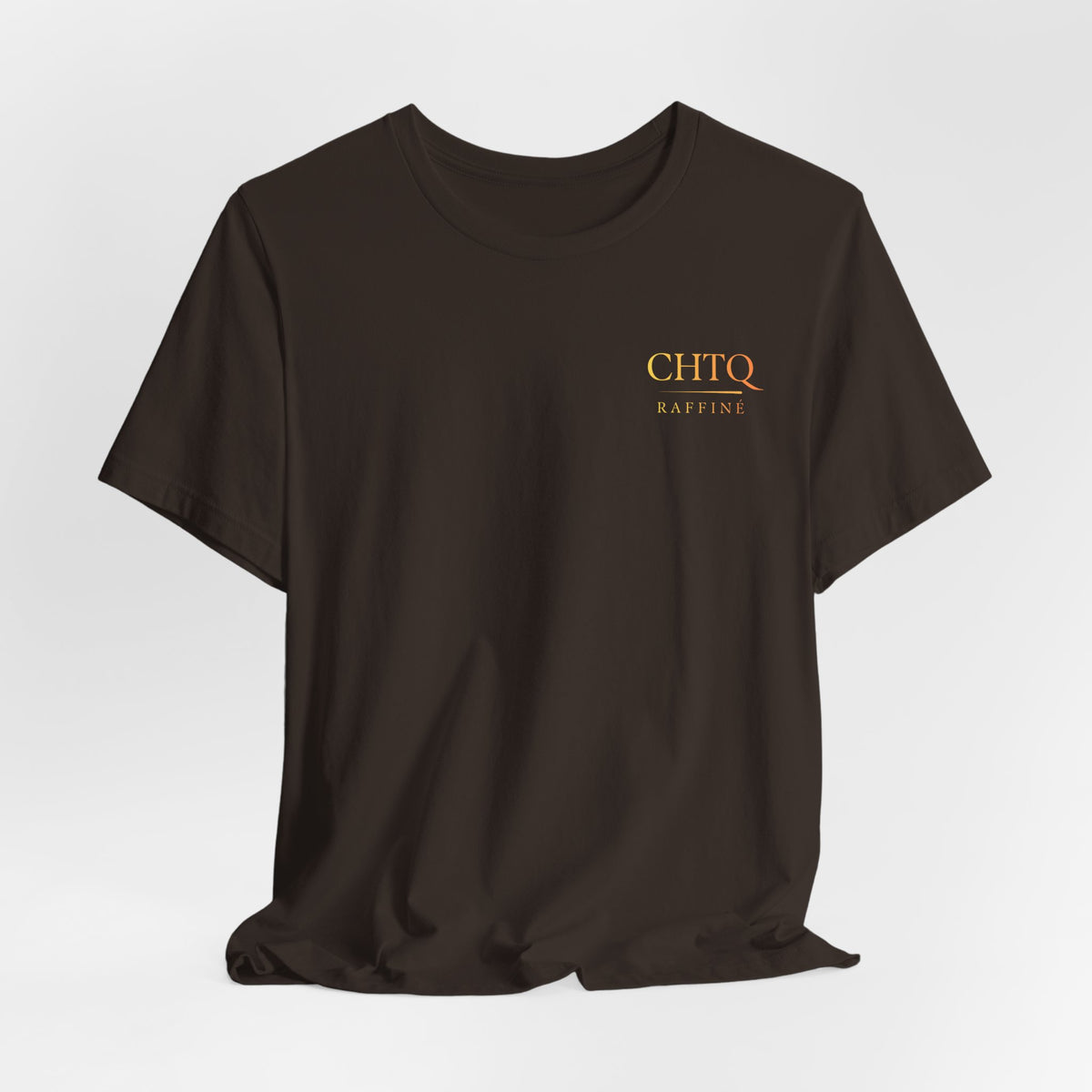 Brown t-shirt with text CHTQ Raffine on the left side of the chest