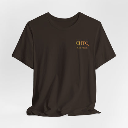 Brown t-shirt with text CHTQ Raffine on the left side of the chest