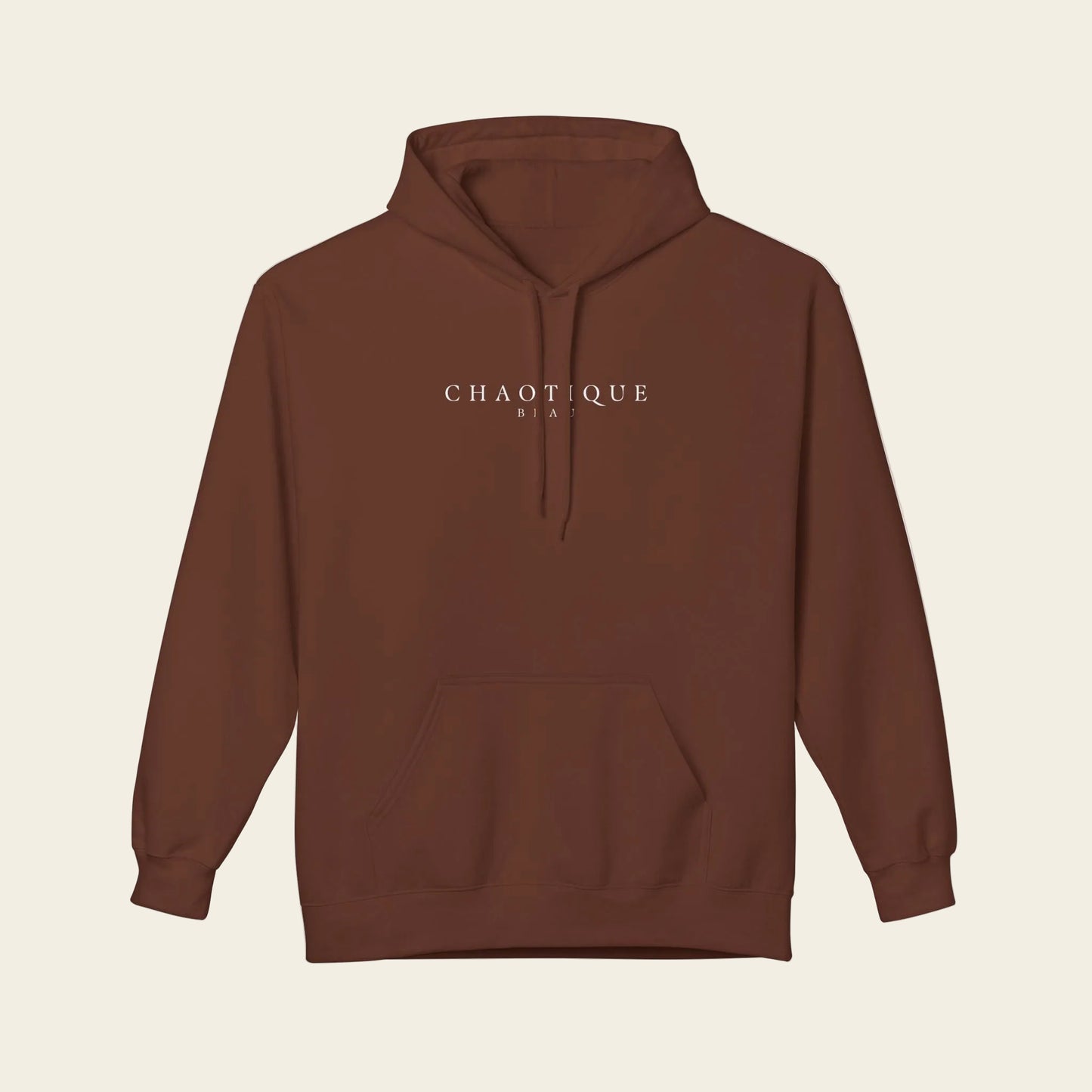 Brown hoodie with a dragon design on the chest against a white background