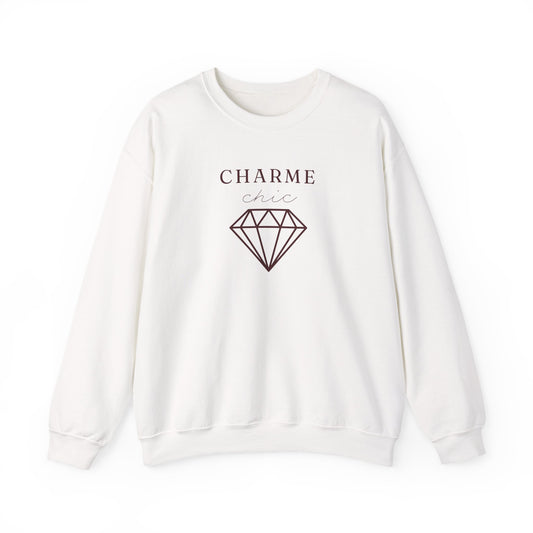 A white crewneck sweatshirt featuring a burgundy “CHARME chic” graphic with a diamond outline on the front, displayed against a clean white background.