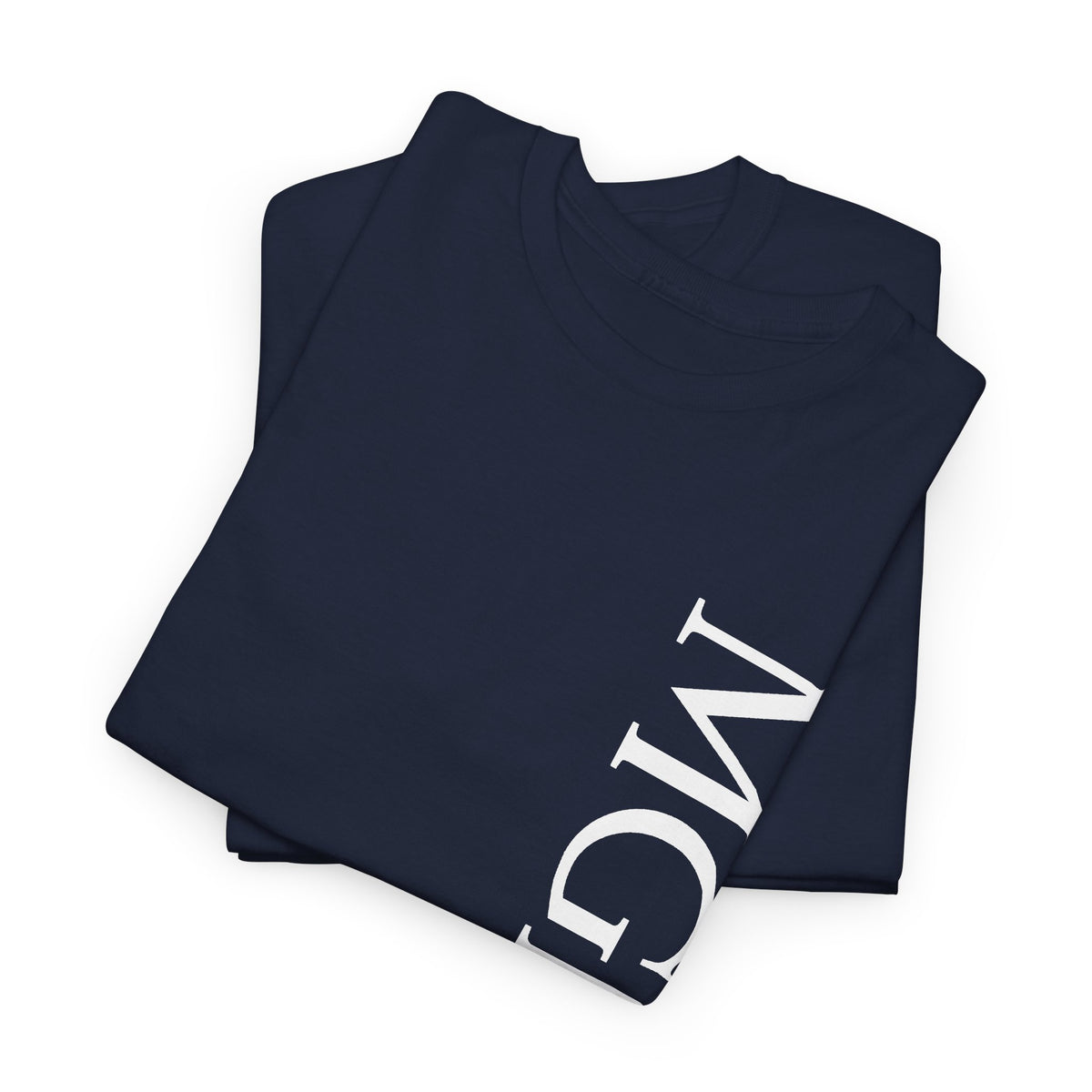 A folded navy blue crewneck t-shirt with large white block letters spelling 'MGNFQ' printed vertically on the front, displayed on a clean white background.
