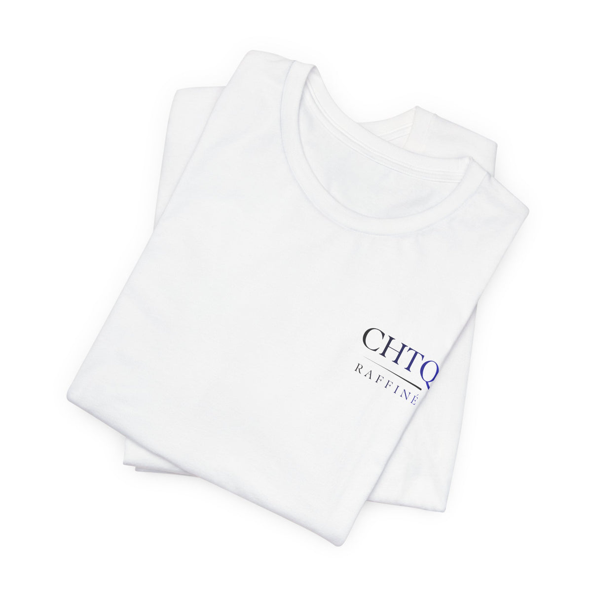 A folded white crewneck t-shirt with a small chest print reading 'CHTQ RAFFINE' in dark gray and blue, shown on a clean white background.