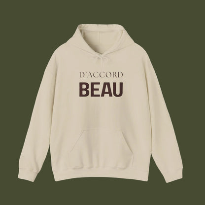 Beige hoodie with 'D'ACCORD BEAU' text on background