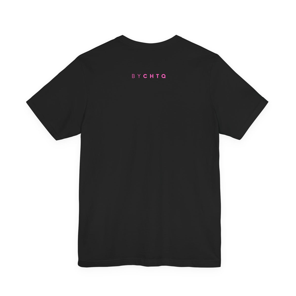 A black short-sleeve crewneck T-shirt shown from the back, featuring a small 'BY CHTQ' detail below the neckline, against a neutral studio background.