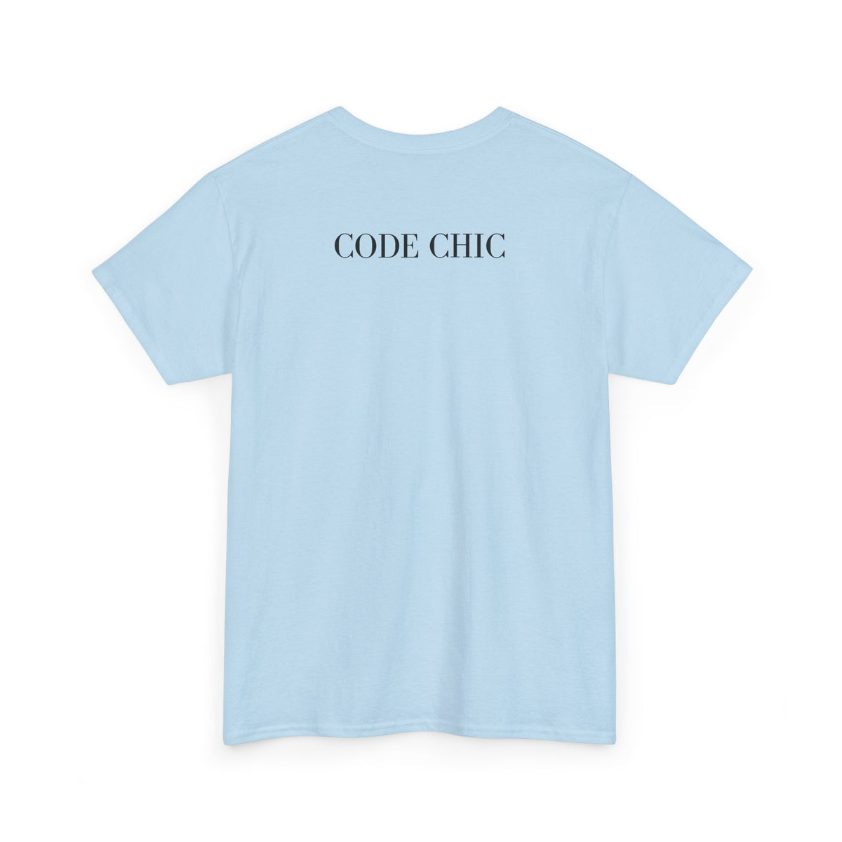 A light blue short-sleeve t-shirt with the text 'CODE CHIC' printed in black serif font across the upper chest, displayed on a clean white background.