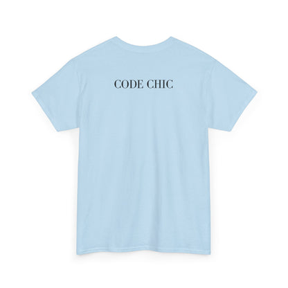A light blue short-sleeve t-shirt with the text 'CODE CHIC' printed in black serif font across the upper chest, displayed on a clean white background.