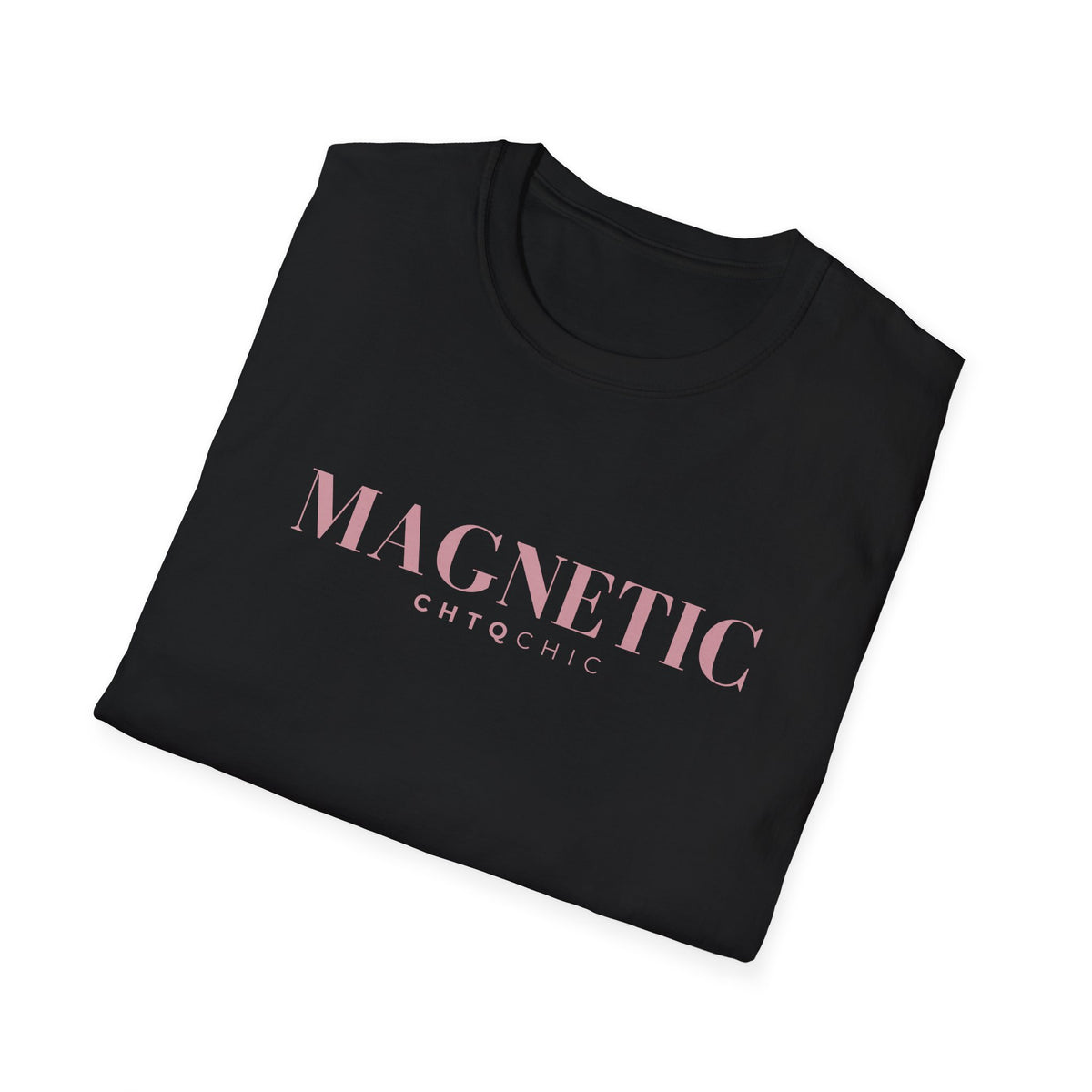 A folded black t-shirt with 'MAGNETIC' printed in pink serif letters and 'CHTQCHIC' in smaller pink text underneath, displayed on a clean white background.