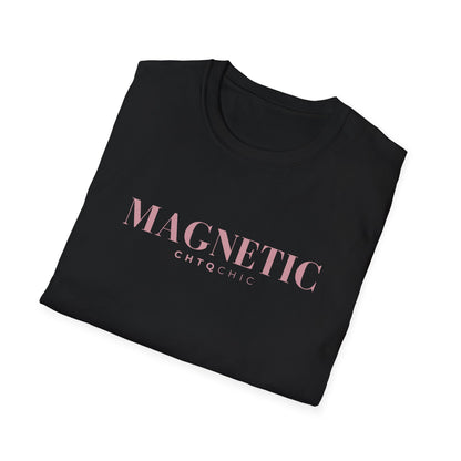 A folded black t-shirt with 'MAGNETIC' printed in pink serif letters and 'CHTQCHIC' in smaller pink text underneath, displayed on a clean white background.