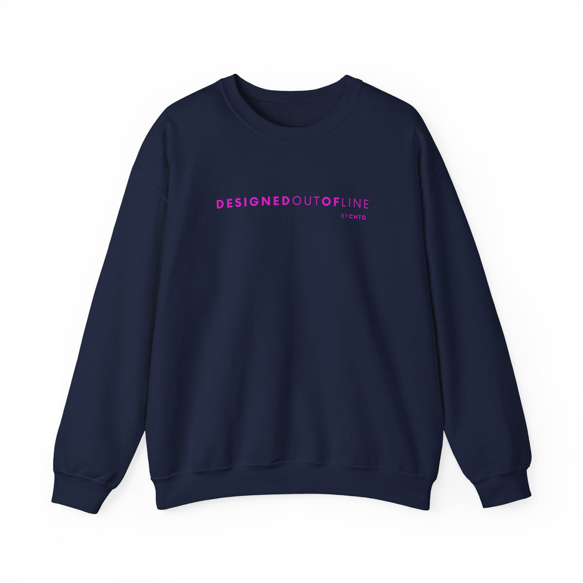 An navy blue crewneck sweatshirt featuring pink “DESIGNED OUT OF LINE” text across the chest, displayed against a clean white background.
