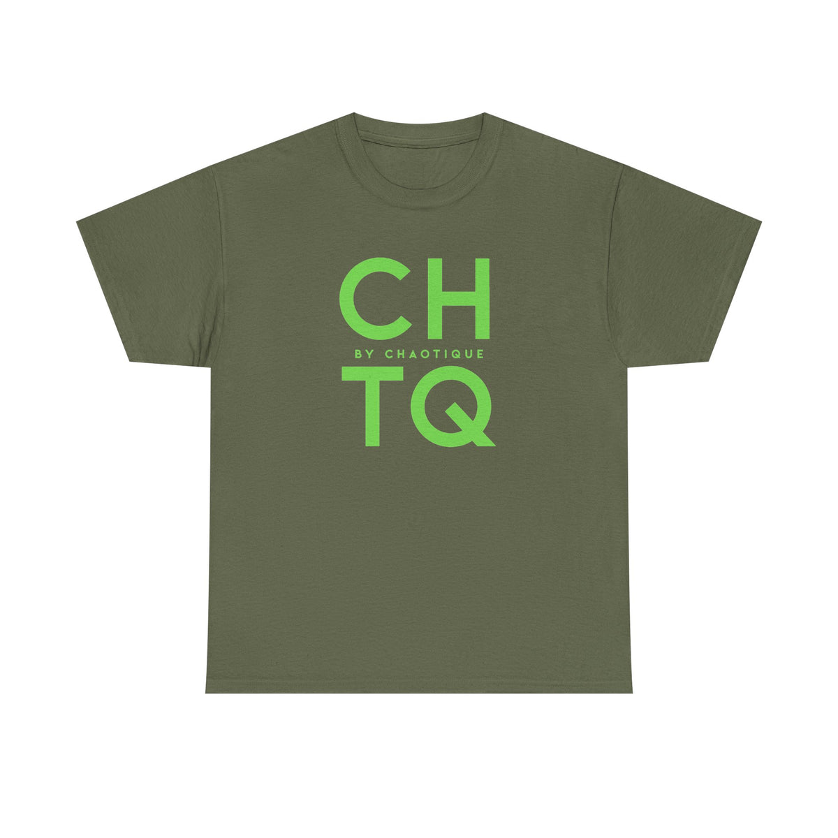 A green CHTQ BY CHAOTIQUE graphic T-shirt featuring a light green typographic print on the front, displayed against a clean white background.