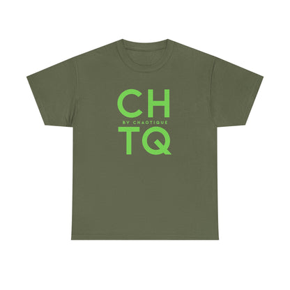 A green CHTQ BY CHAOTIQUE graphic T-shirt featuring a light green typographic print on the front, displayed against a clean white background.