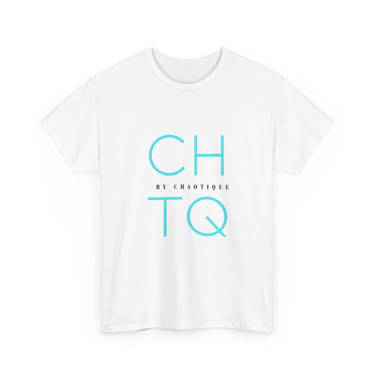 A white short-sleeve crewneck t-shirt featuring a graphic print on the front with the letters 'CHTQ' in light blue, separated by the small text 'BY CHAOTIQUE' in black.