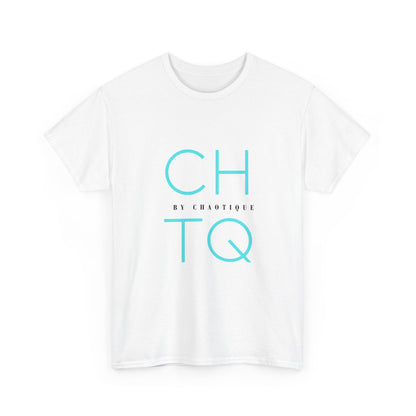 A white short-sleeve crewneck t-shirt featuring a graphic print on the front with the letters 'CHTQ' in light blue, separated by the small text 'BY CHAOTIQUE' in black.