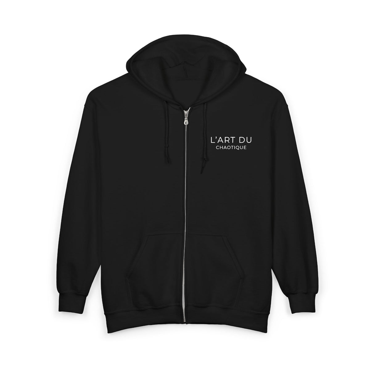 Black CHTQ Design zip-up hoodie with a white L’Art du Chaotique graphic on the left chest, shown from the front on a white background.