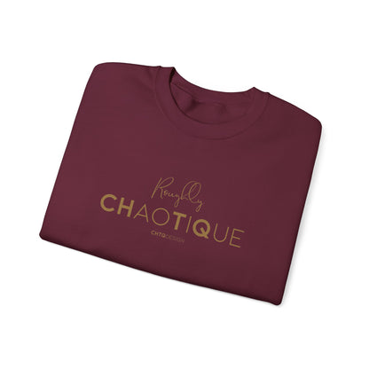 Folded maroon Roughly Chaotique crewneck sweatshirt with gold typography and CHTQ Design signature on the front, displayed against a clean white background.
