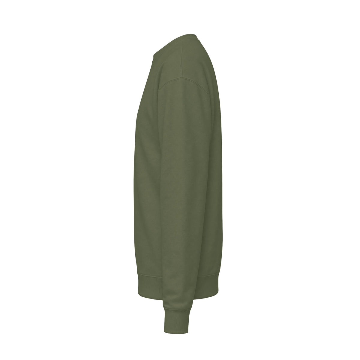 A side profile view of a Military green AUTHENTICHAOS crewneck sweatshirt, in military green, shown against a plain white background.