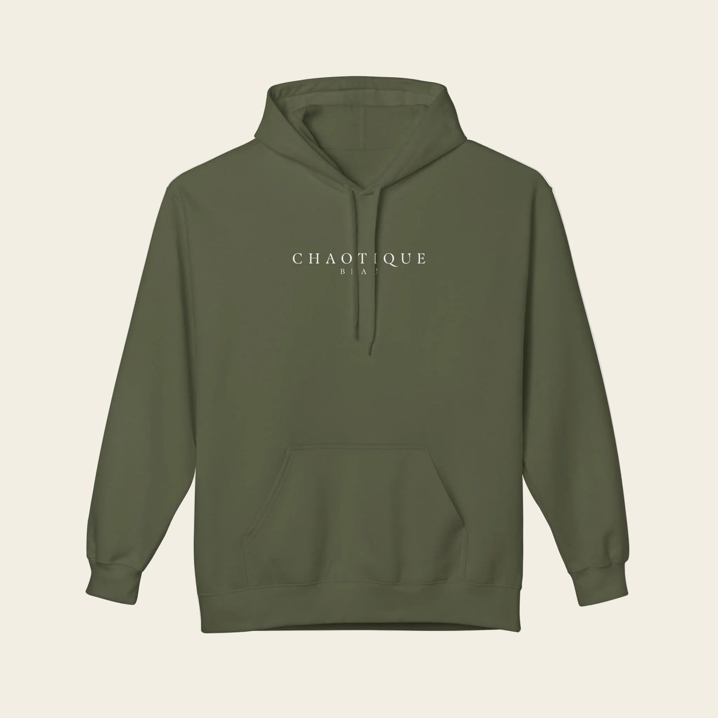 Green hoodie with a logo on the chest against a white background