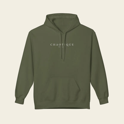 Green hoodie with a logo on the chest against a white background