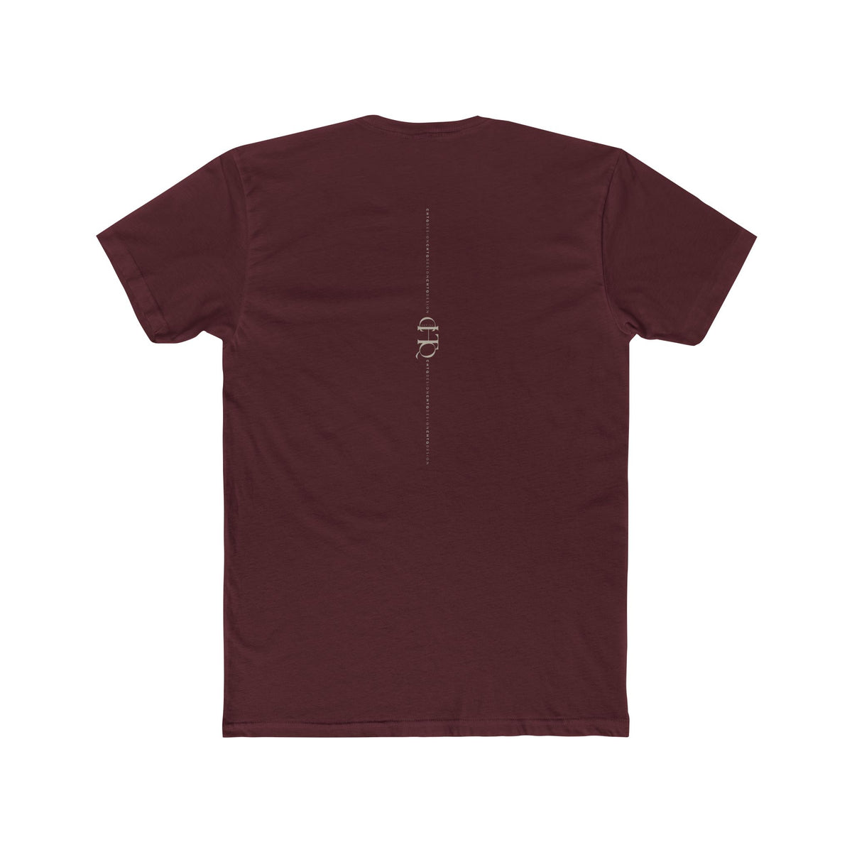 CHTQ Design maroon T-shirt with minimalist vertical CHTQ graphic running down the back