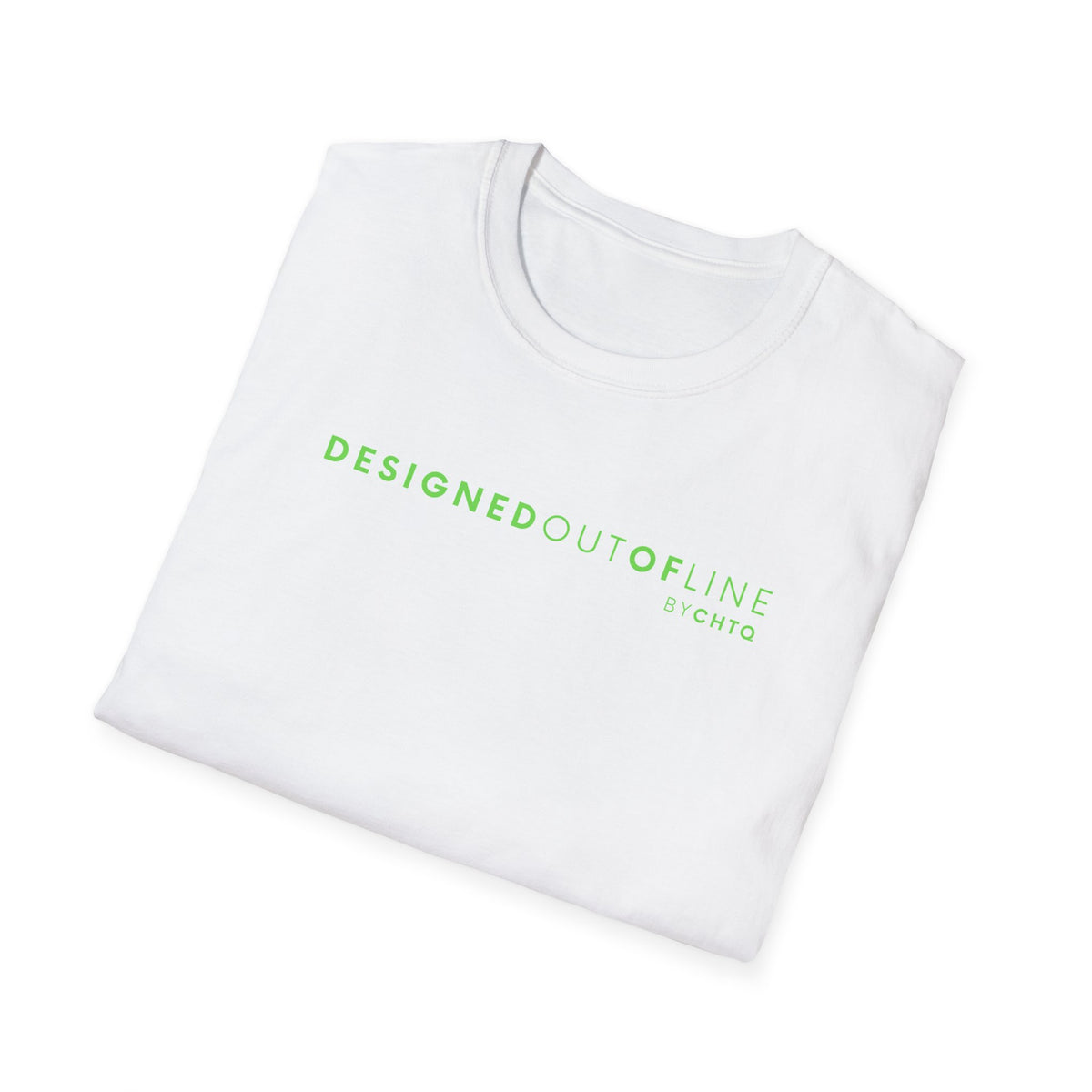 A white short-sleeve crewneck T-shirt with “DESIGNED OUT OF LINE” and “BY CHTQ” printed in green across the chest, displayed on a clean white background.