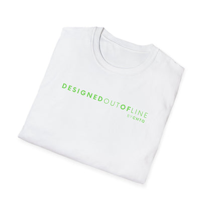 A white short-sleeve crewneck T-shirt with “DESIGNED OUT OF LINE” and “BY CHTQ” printed in green across the chest, displayed on a clean white background.