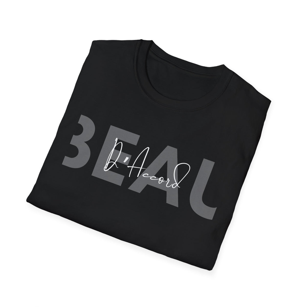 Folded Black BEAU D’Accord graphic T-shirt featuring large dark grey BEAU lettering with white handwritten D’Accord script across the chest.