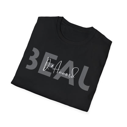 Folded Black BEAU D’Accord graphic T-shirt featuring large dark grey BEAU lettering with white handwritten D’Accord script across the chest.
