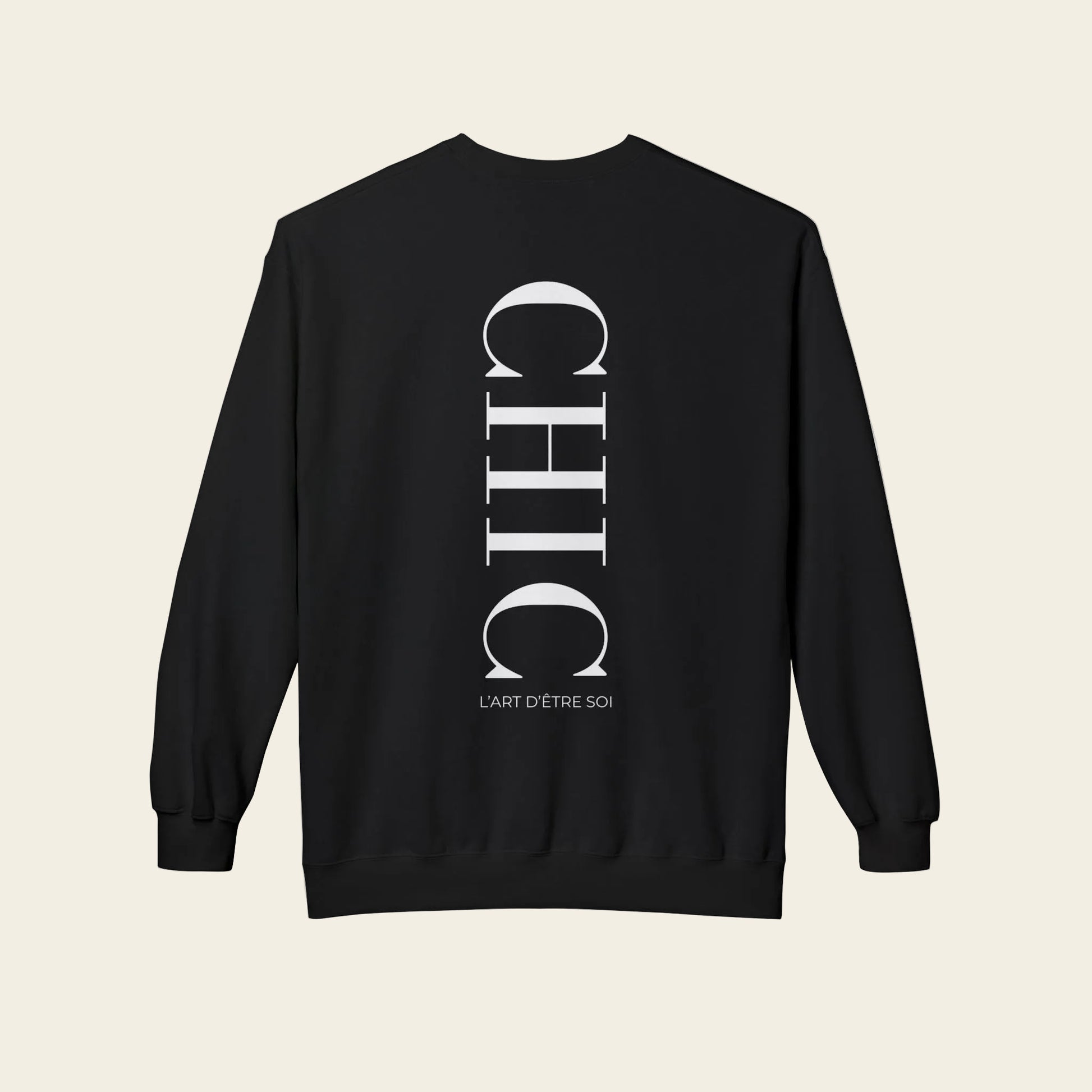 Backside of black sweatshirt with text 'CHIC L'art D'etre soi'
