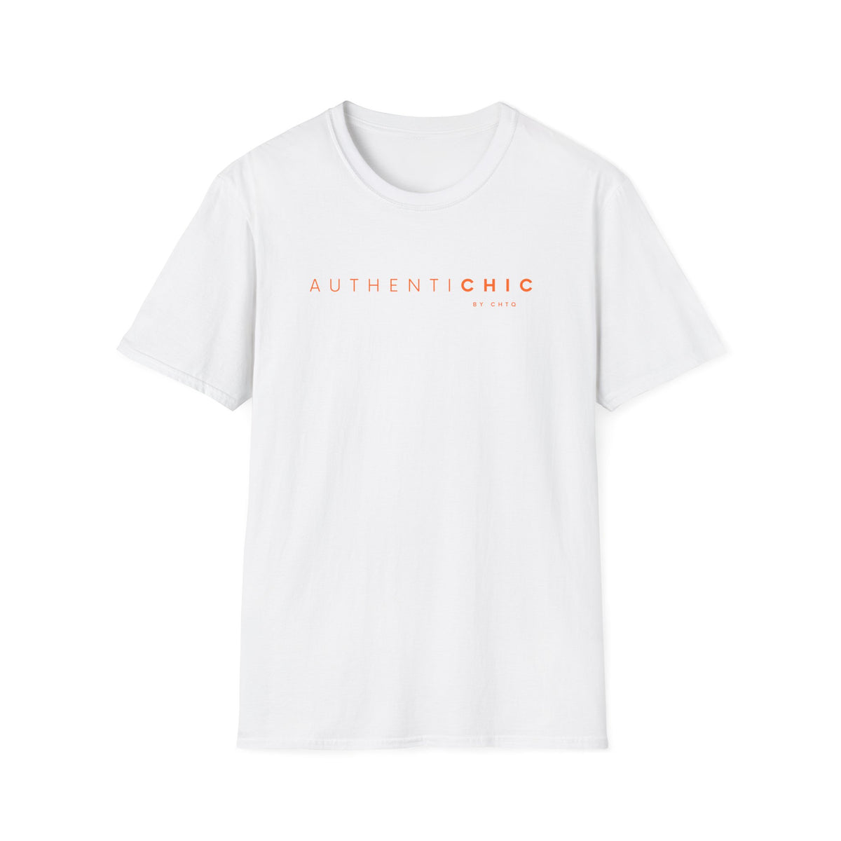 White AuthentiCHIC graphic T-shirt with orange typography, displayed on a clean white background.