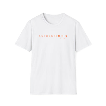 White AuthentiCHIC graphic T-shirt with orange typography, displayed on a clean white background.