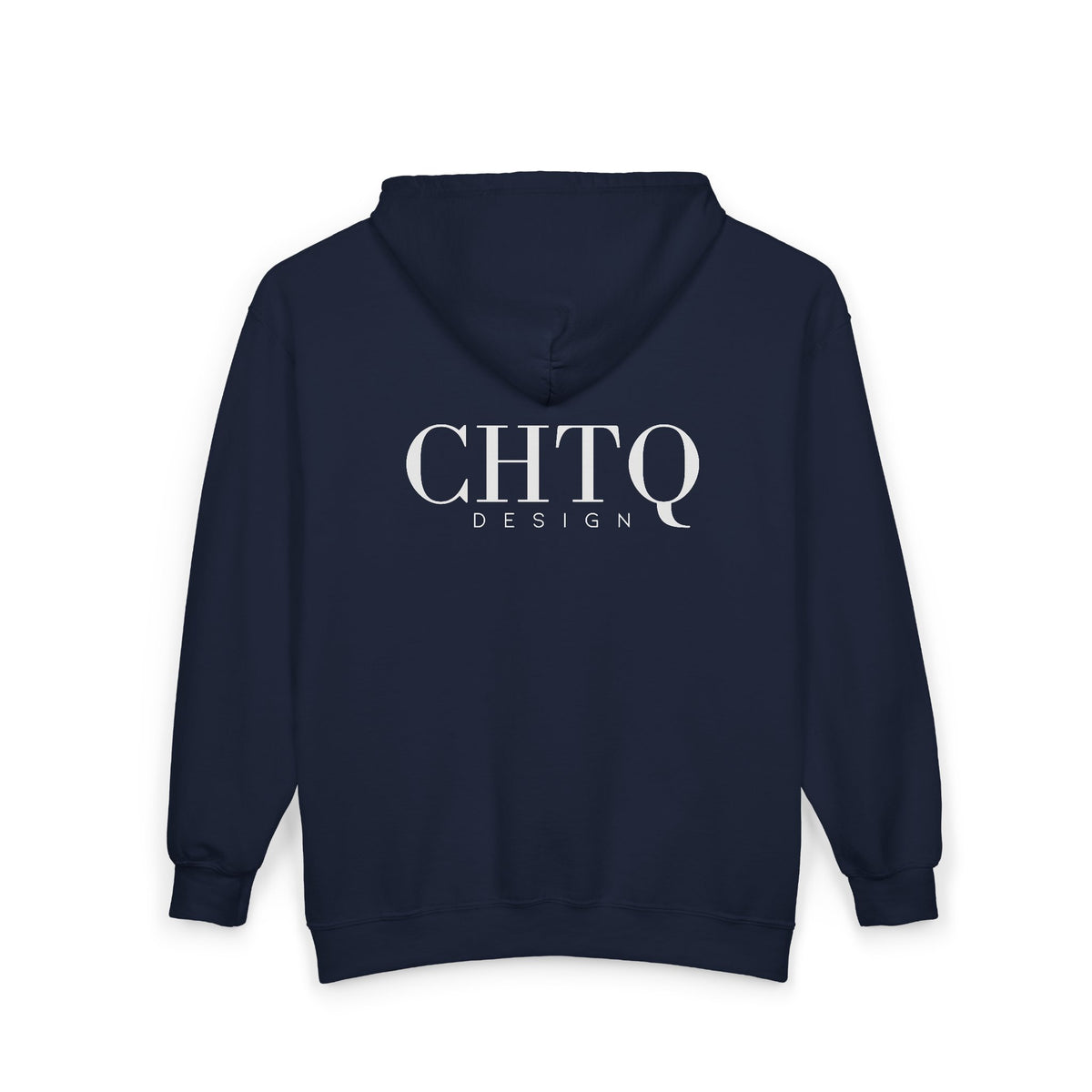 Navy CHTQ Design zip-up hoodie with a large white CHTQ DESIGN graphic on the back, shown against a white background.