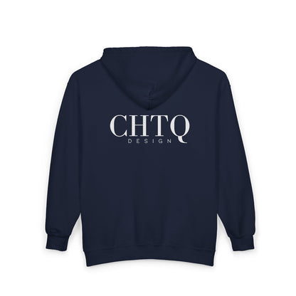 Navy CHTQ Design zip-up hoodie with a large white CHTQ DESIGN graphic on the back, shown against a white background.