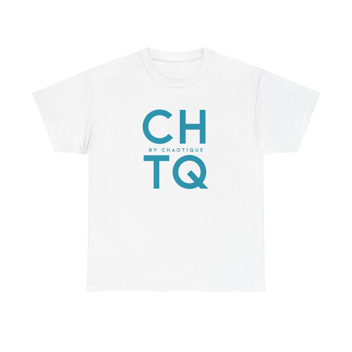 A white CHTQ BY CHAOTIQUE graphic T-shirt featuring a turquoise-blue typographic print on the front, displayed against a clean white background.