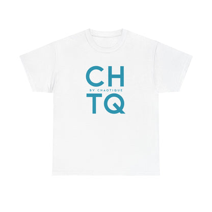 A white CHTQ BY CHAOTIQUE graphic T-shirt featuring a turquoise-blue typographic print on the front, displayed against a clean white background.