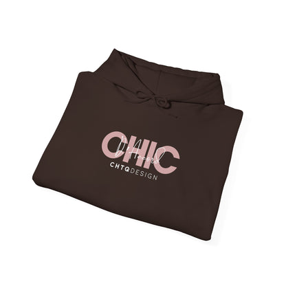 A folded CHIC D’Accord graphic hoodie in dark chocolate with rose and white chest design